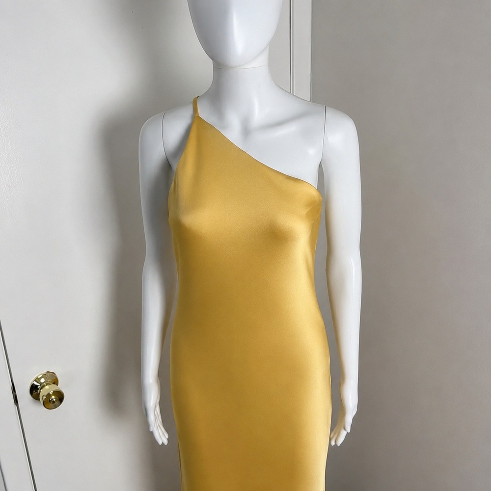 Commense Golden Yellow One Shoulder Satin Backless Maxi Dress with Side Slit S - Picture 6 of 14